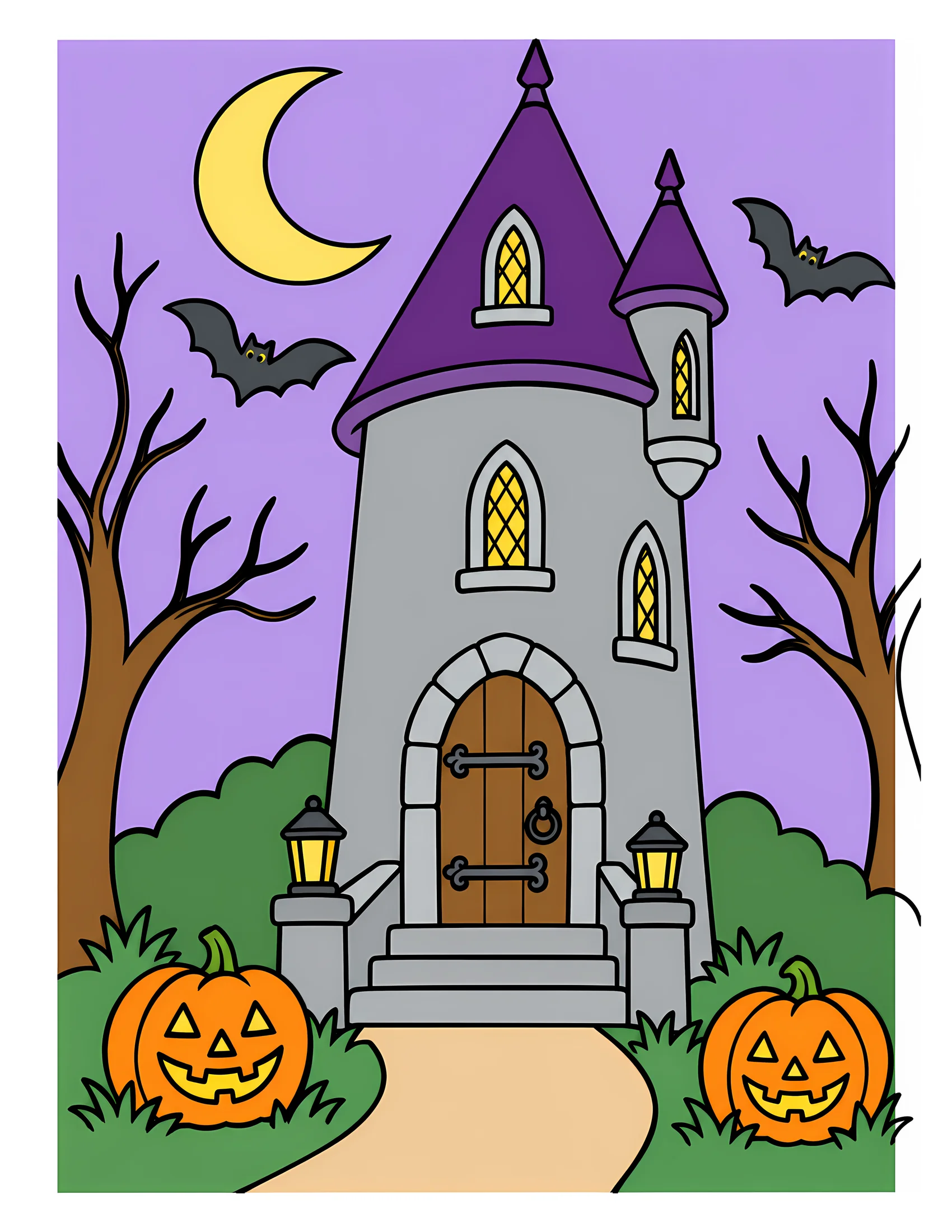 Haunted tower with bats color reference for Level 1 · Easy
