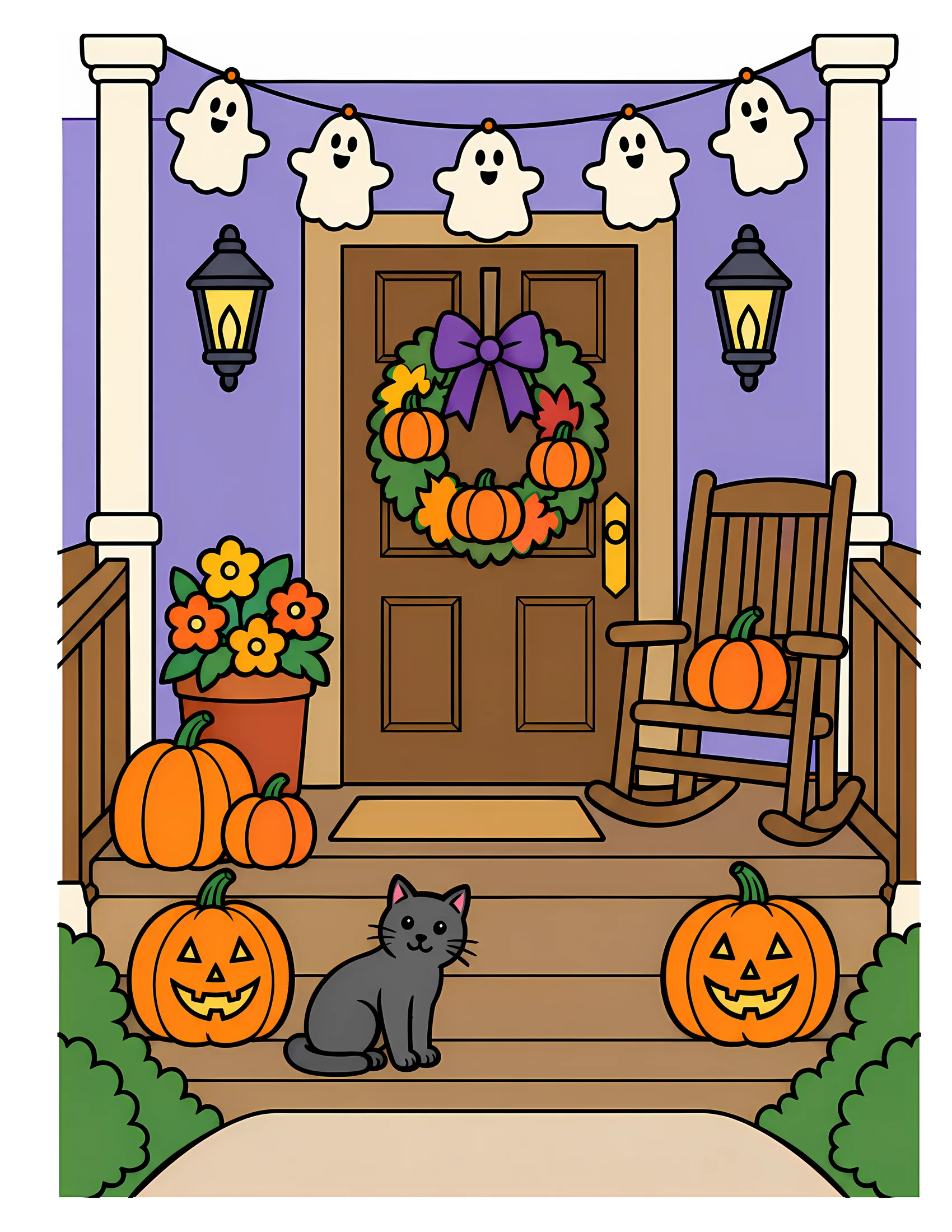 Pumpkin-covered porch color reference for Level 1 · Easy