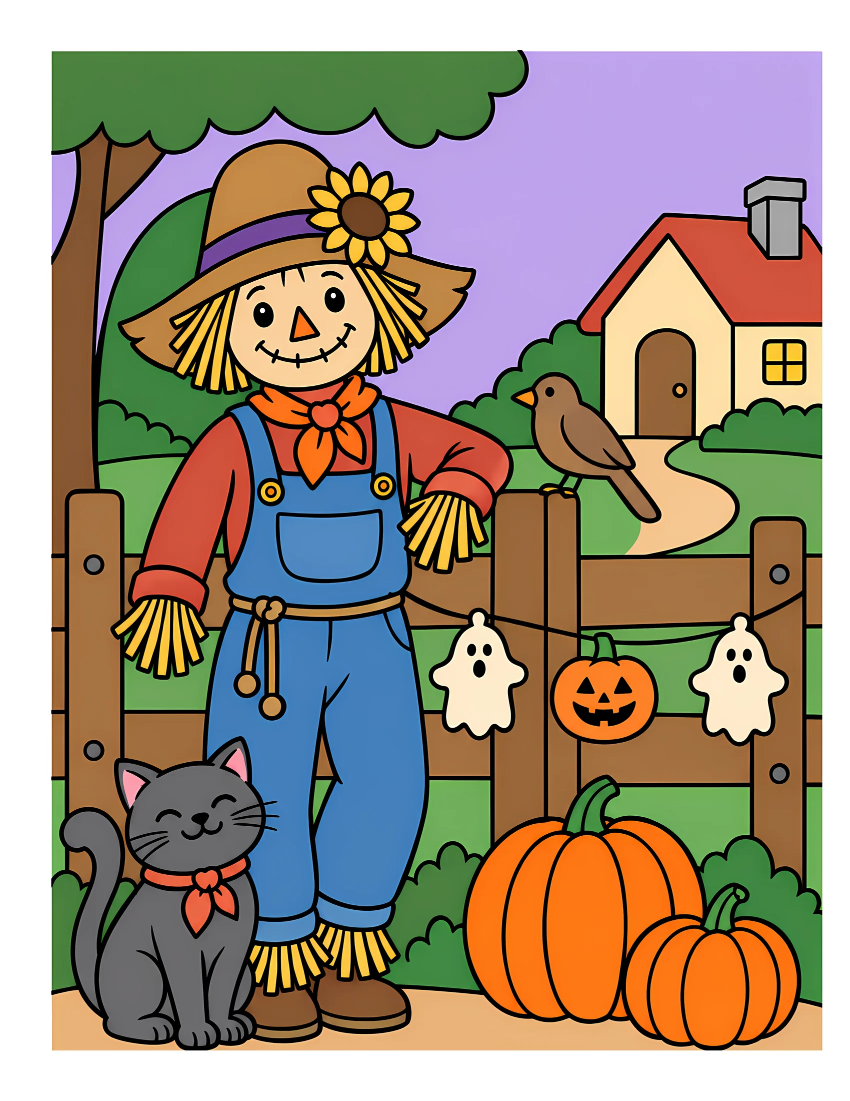 Scarecrow beside decorated fence color reference for Level 1 · Easy