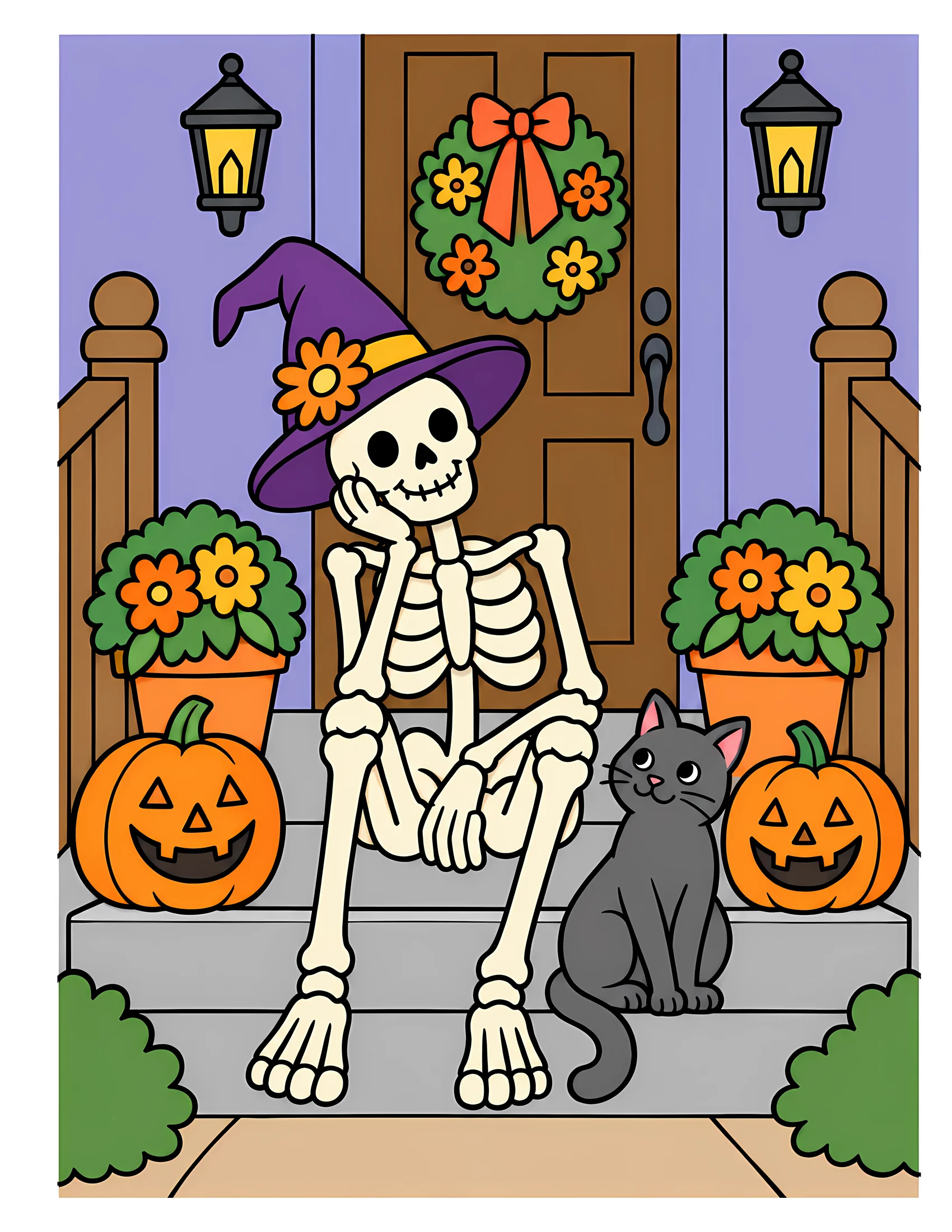 Skeleton on front steps color reference for Level 1 · Easy