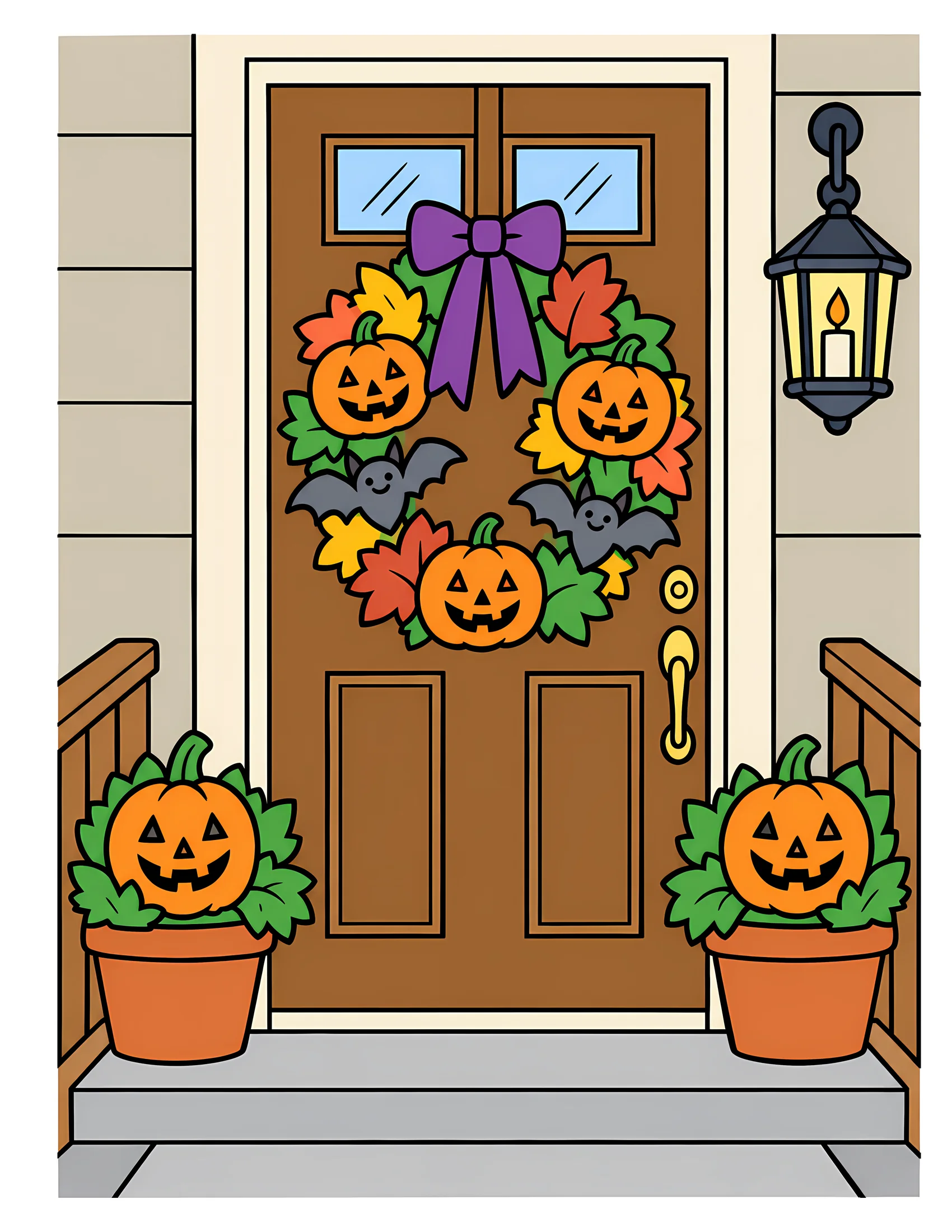 Halloween wreath on front door color reference for Level 1 · Easy
