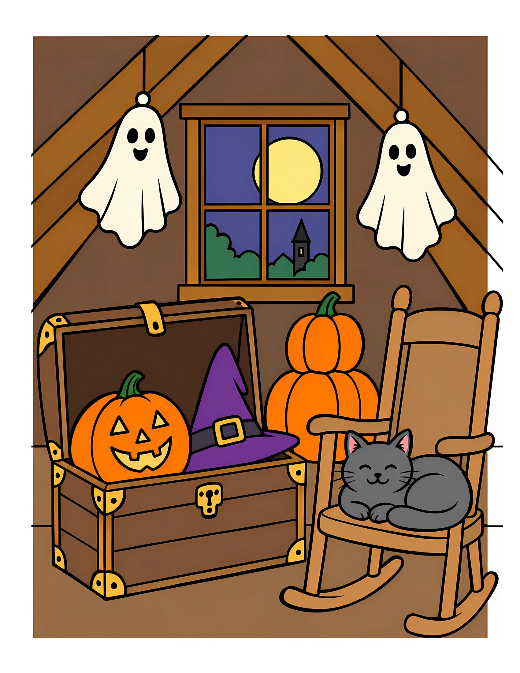 Attic with Halloween decorations color reference for Level 1 · Easy