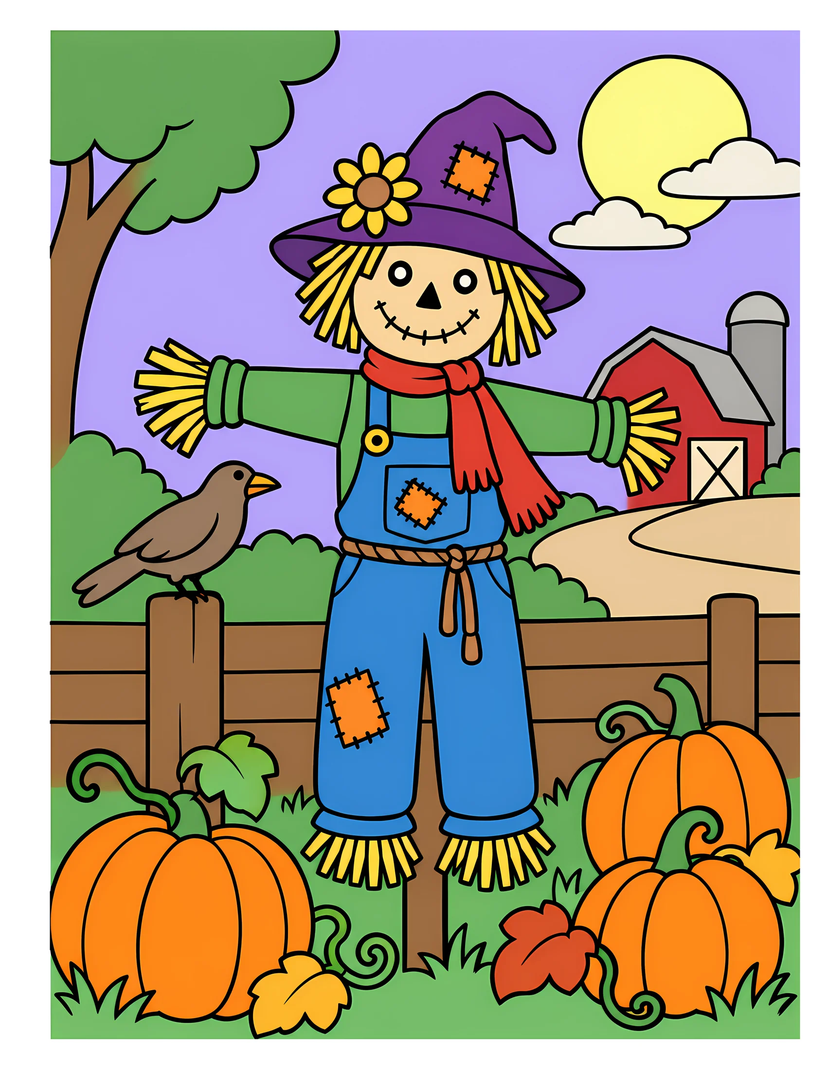 Scarecrow in pumpkin field color reference for Level 1 · Easy