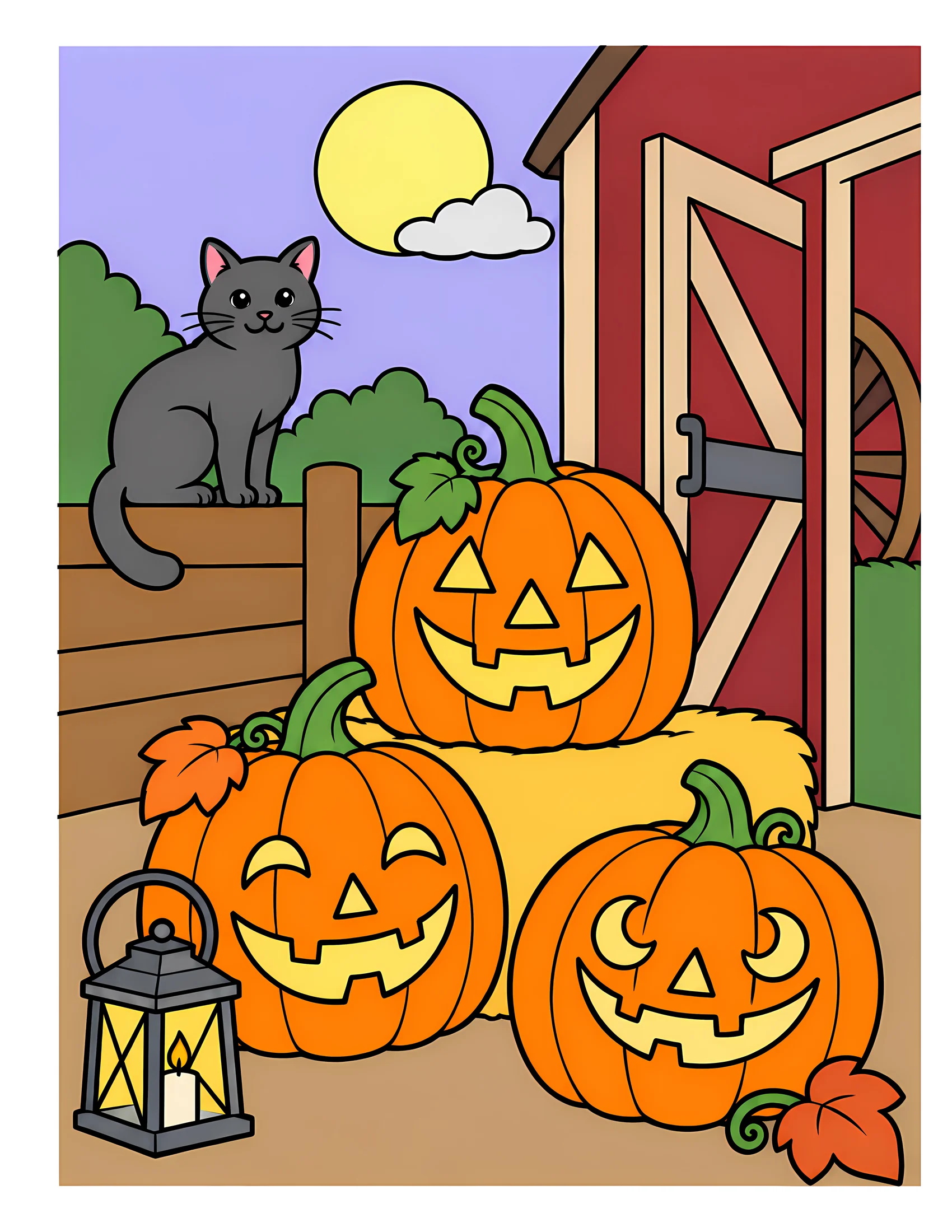 Carved pumpkins beside barn color reference for Level 1 · Easy