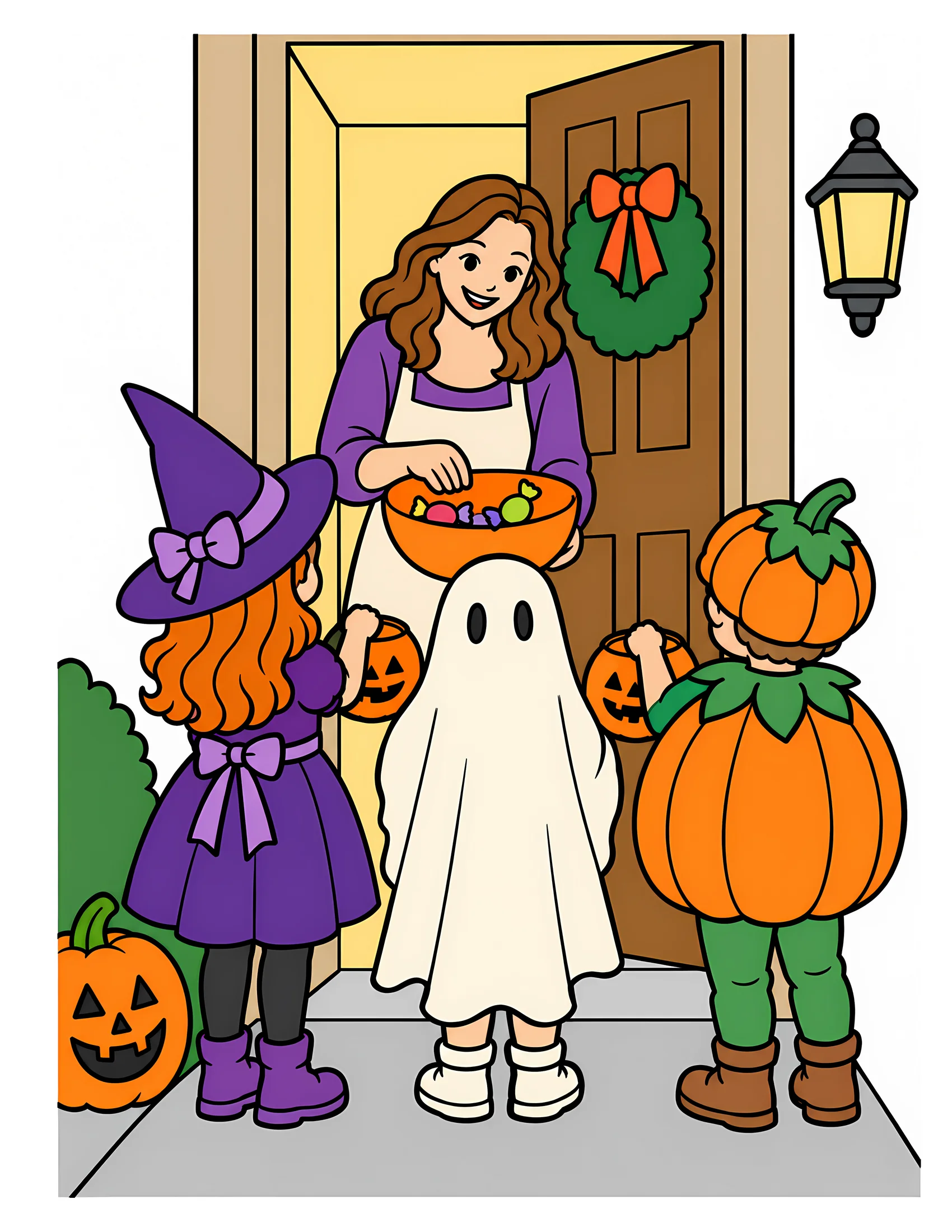 Costumed children at doorway color reference for Level 1 · Easy