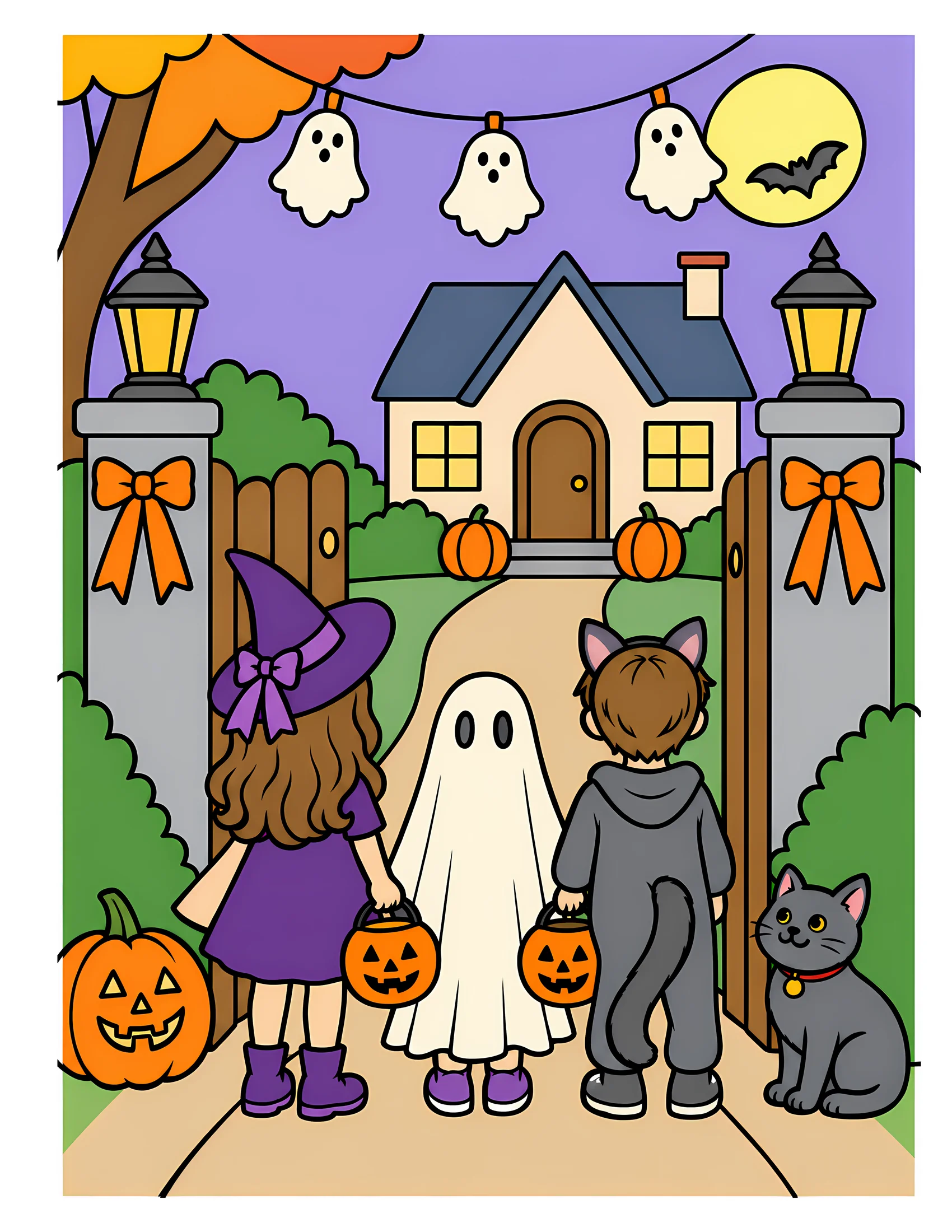 Trick-or-treaters at garden gate color reference for Level 1 · Easy