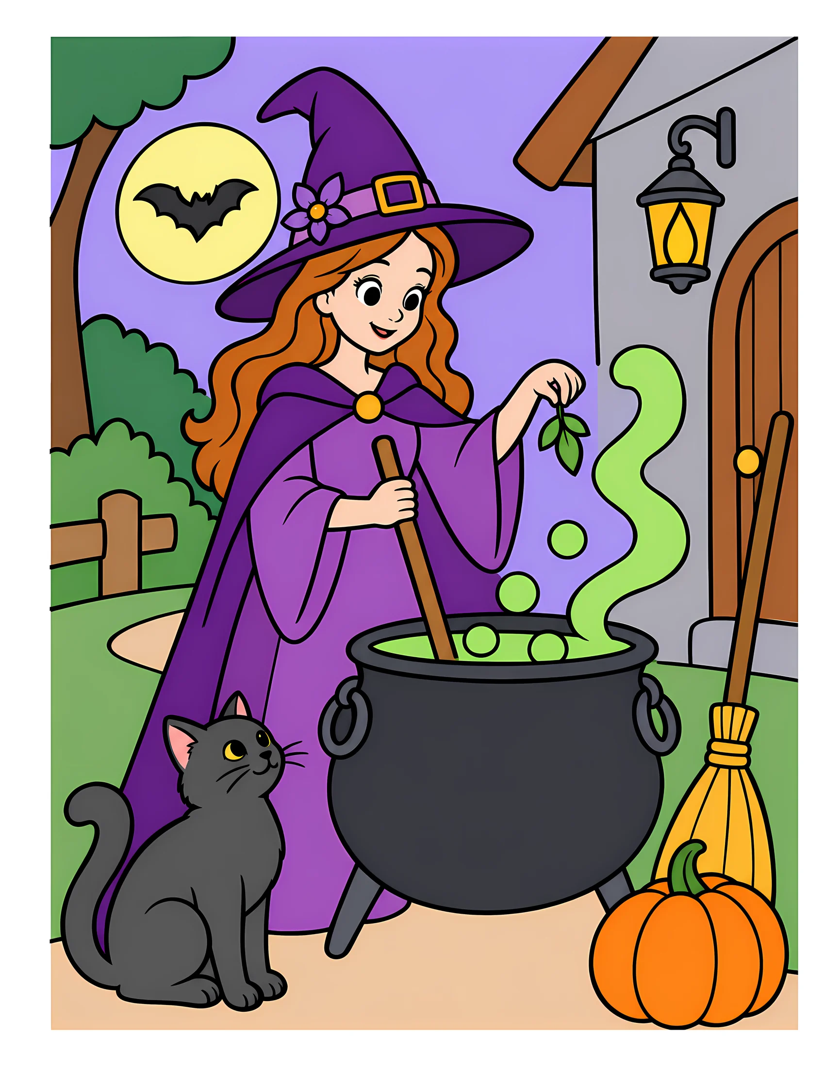 Witch with bubbling cauldron color reference for Level 1 · Easy
