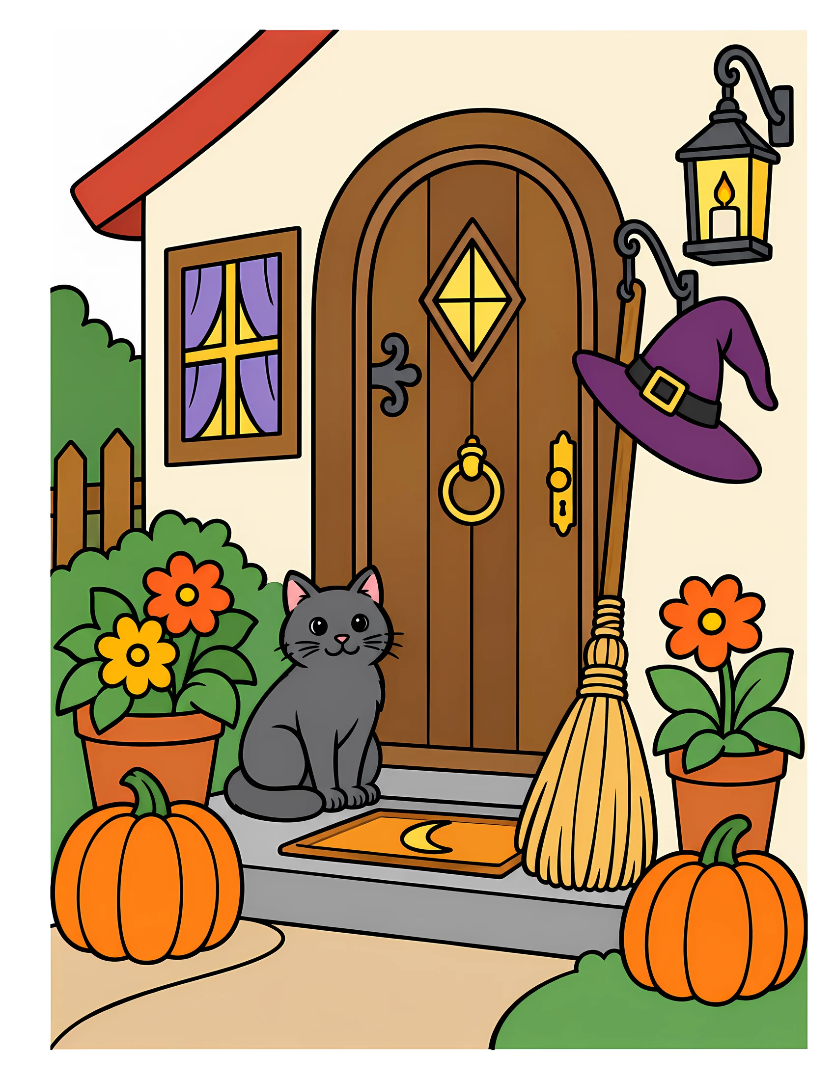 Broom beside cottage doorway color reference for Level 1 · Easy
