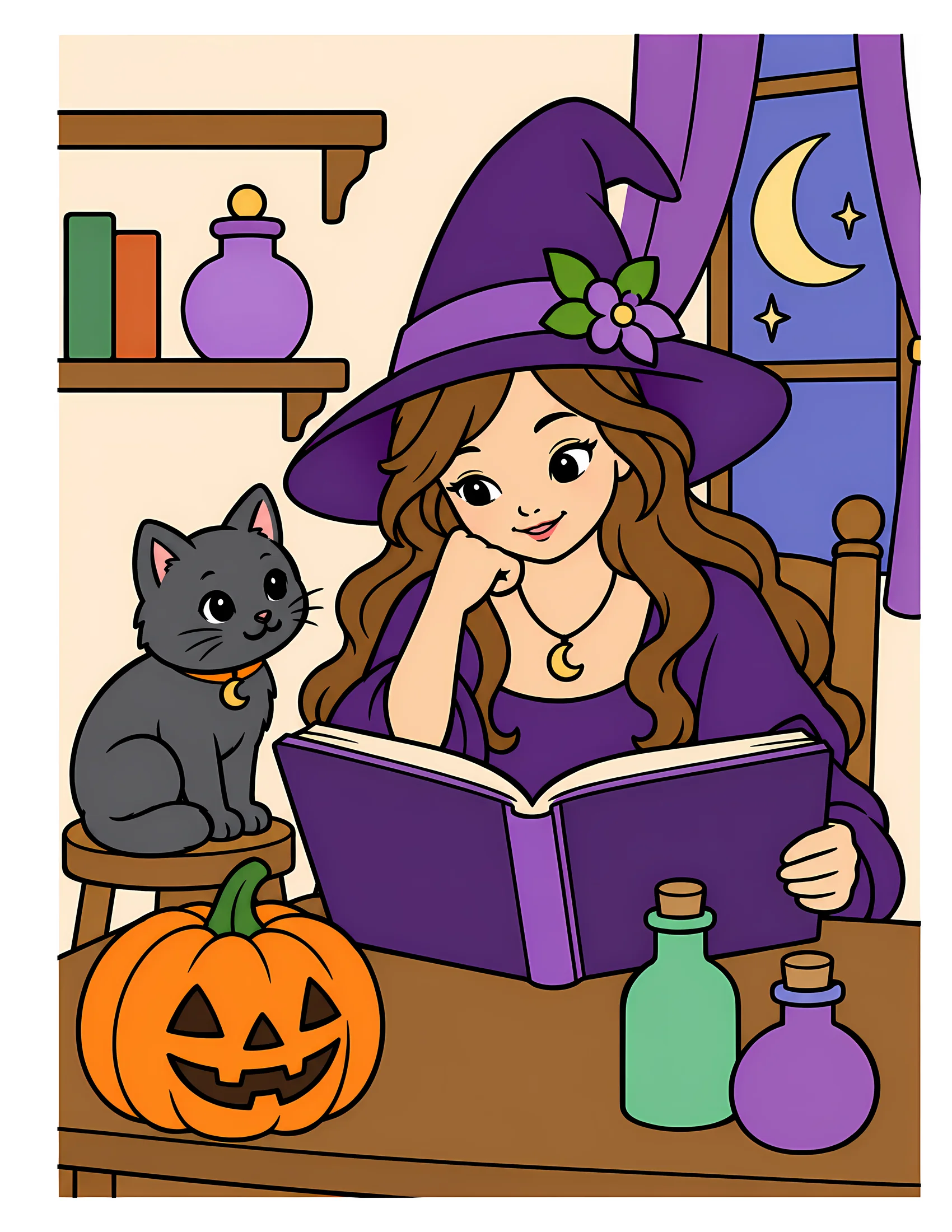 Witch reading spellbook color reference for Level 1 · Easy
