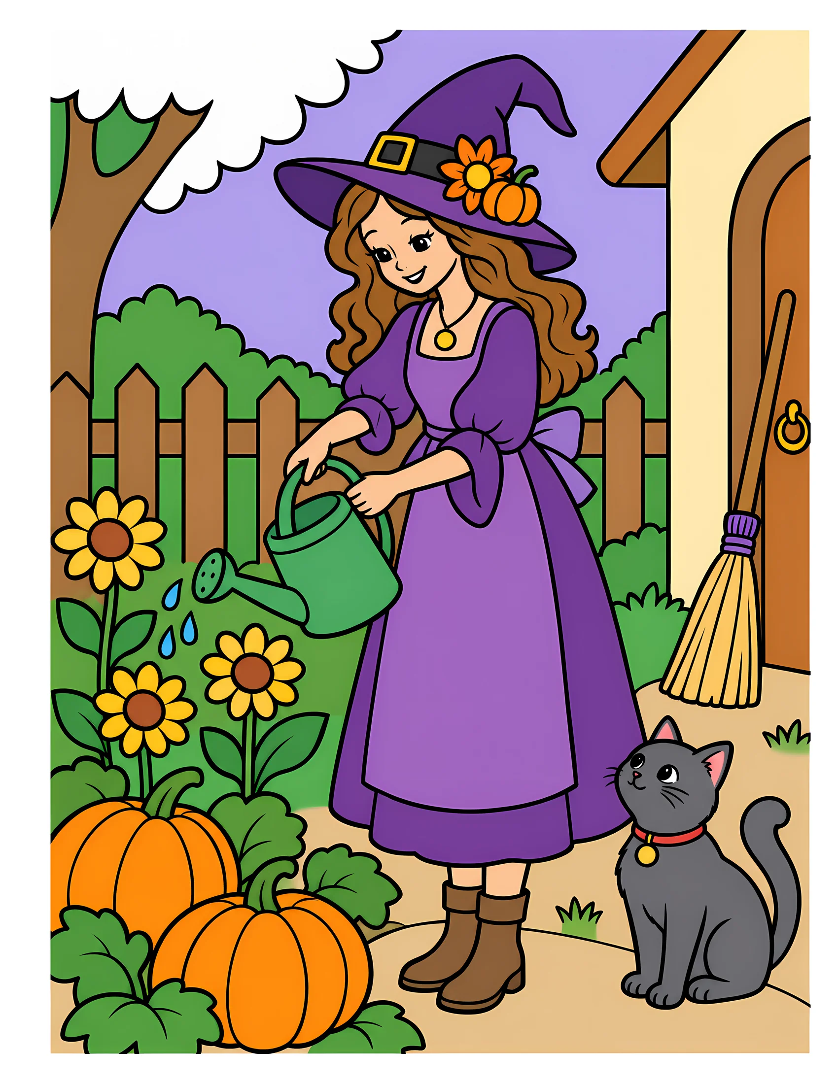Witch tending Halloween garden color reference for Level 1 · Easy
