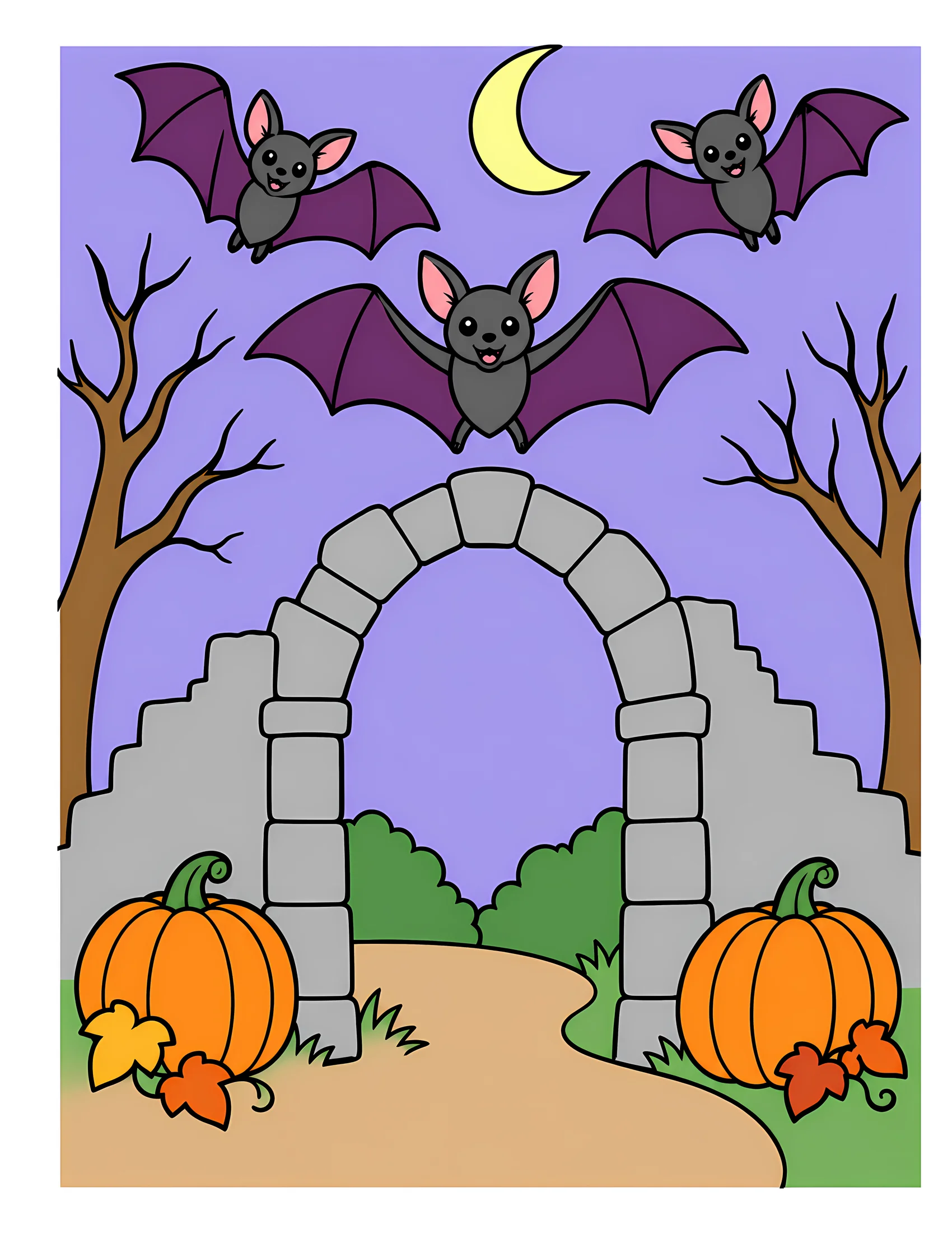 Bats above ruined arch color reference for Level 1 · Easy