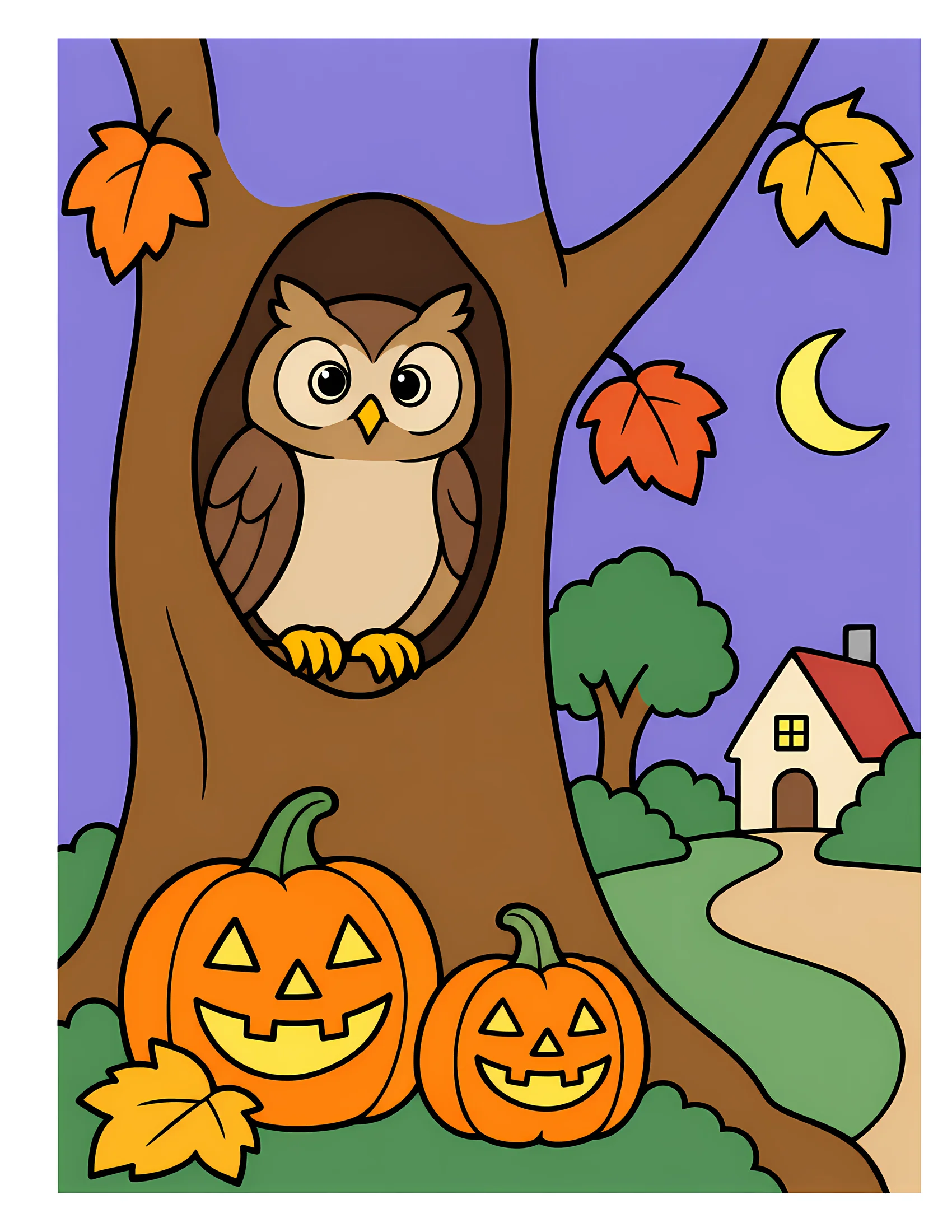 Owl in hollow tree color reference for Level 1 · Easy