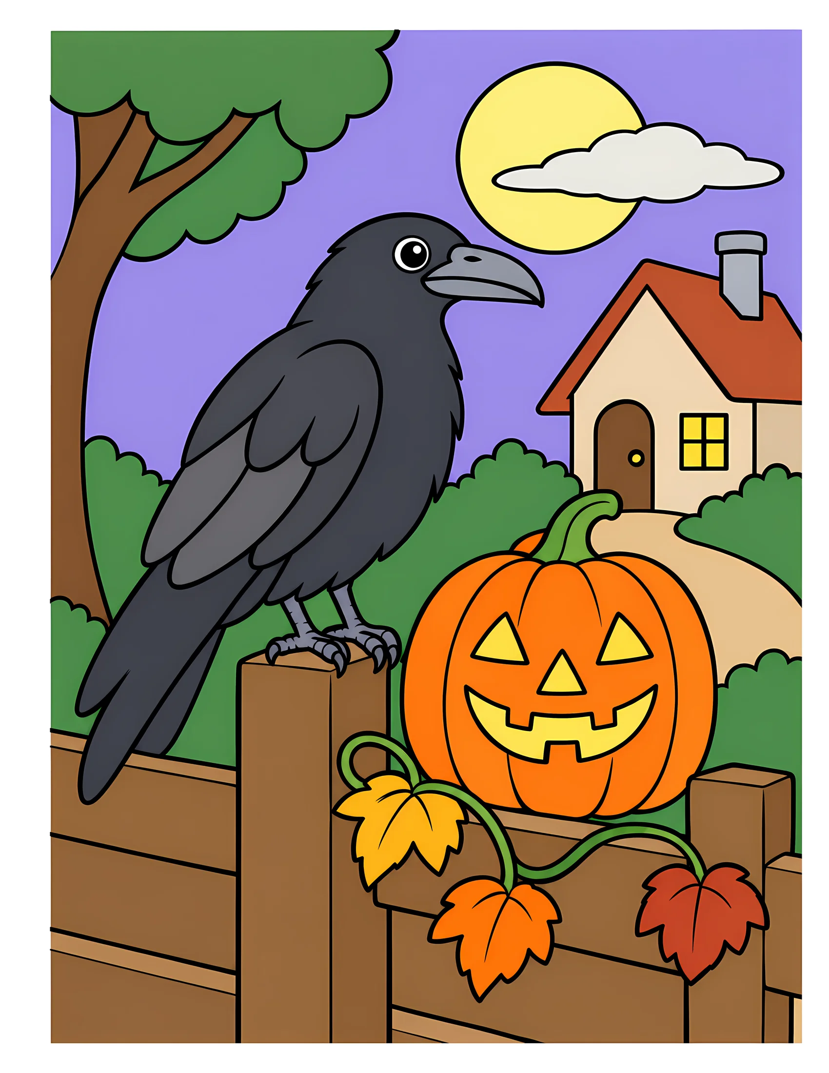 Raven beside pumpkin lantern color reference for Level 1 · Easy
