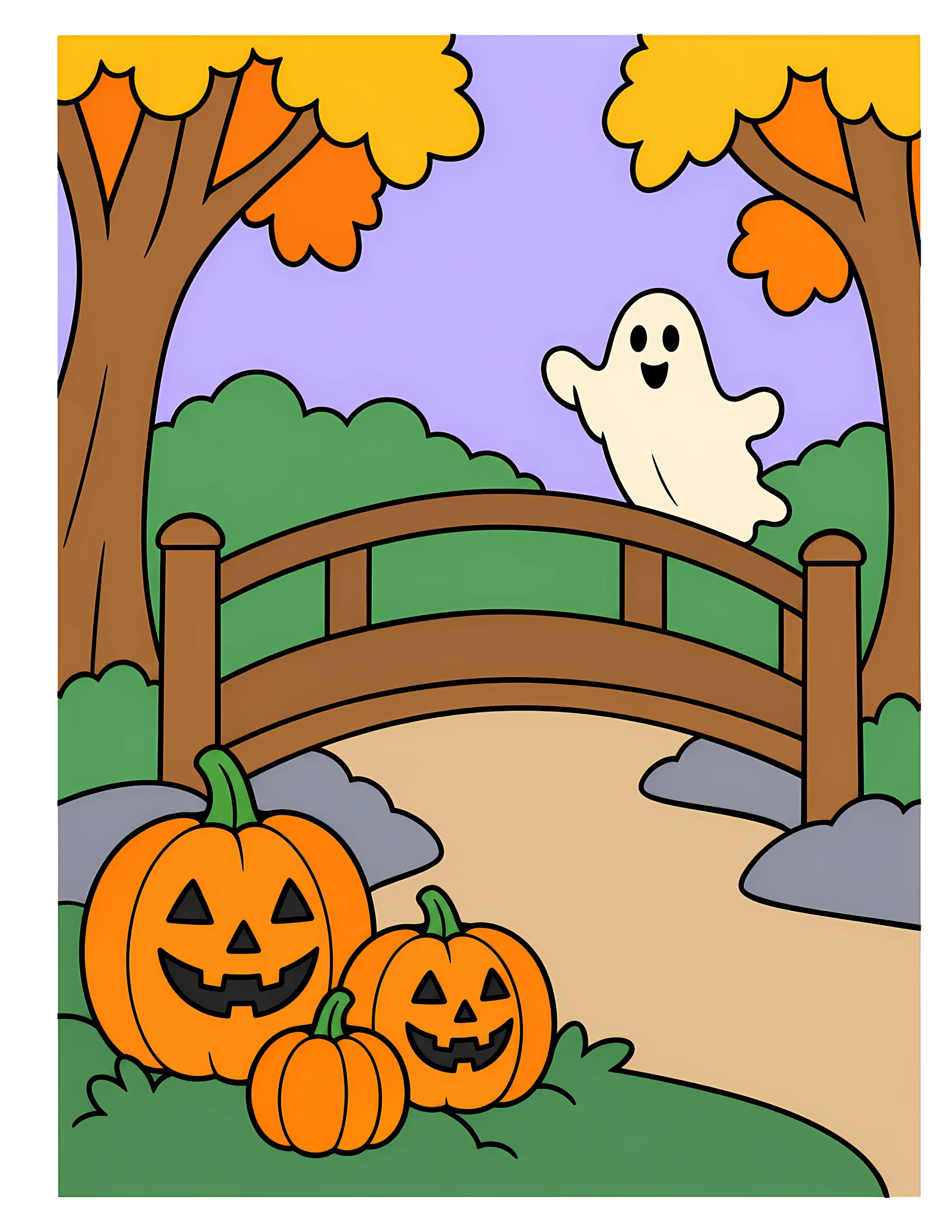 Pumpkins beside wooden bridge color reference for Level 1 · Easy