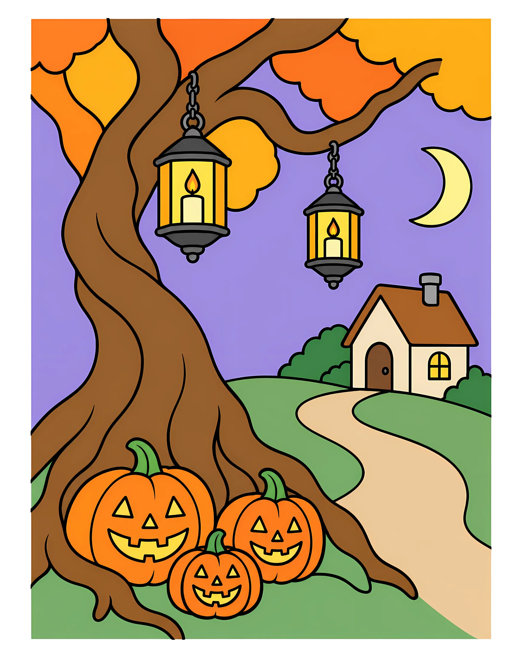 Lanterns beneath twisted tree color reference for Level 1 · Easy