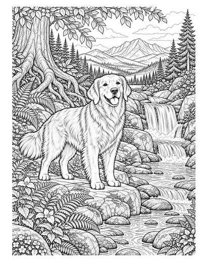 Golden Retriever monochrome coloring page for Level 2 · Advanced